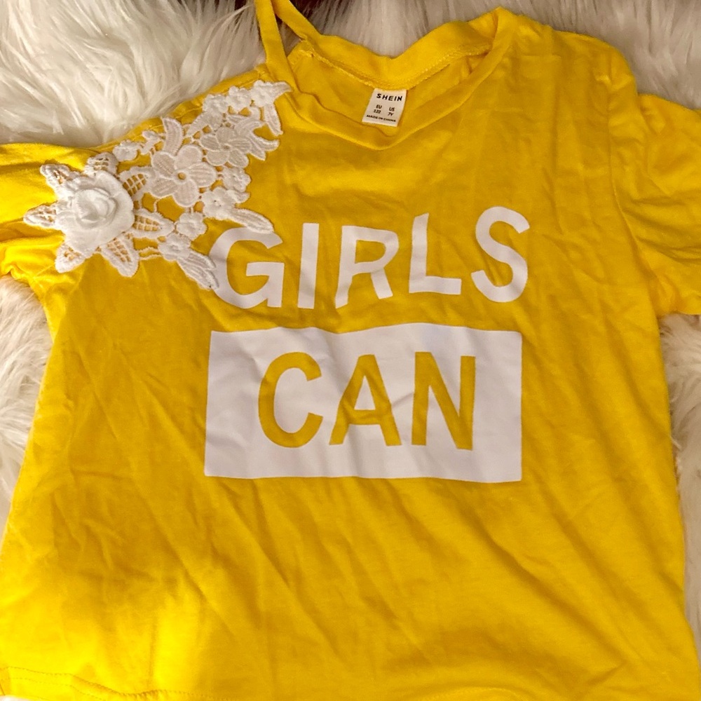SHEIN Yellow and White Short Sleeve Tee with Bold Text